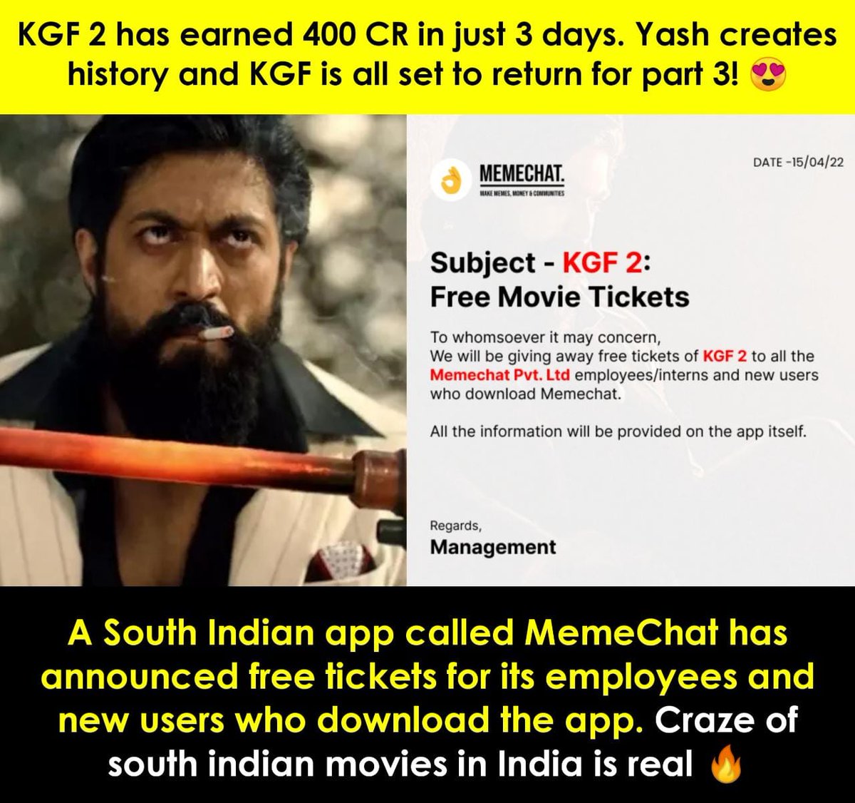 bipinyct's tweet photo. FREE KGF2 TICKETS
By memchat https://t.co/kze50EbYgU