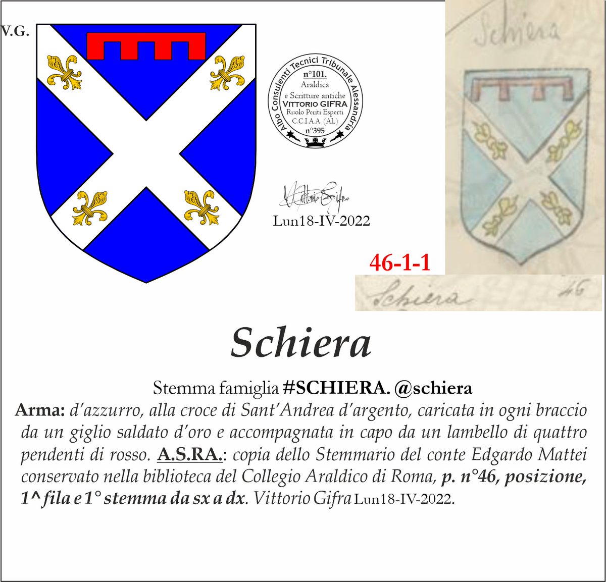 VGIFRA's tweet photo. Stemma famiglia #SCHIERA. @schiera
Arma: d’azzurro, alla croce di Sant’Andrea d’argento, caricata in ogni braccio da un giglio saldato d’oro e accompagnata in capo da un lambello di quattro pendenti di rosso. Vittorio Gifra Lun18-IV-2022. https://t.co/in3675yFHg