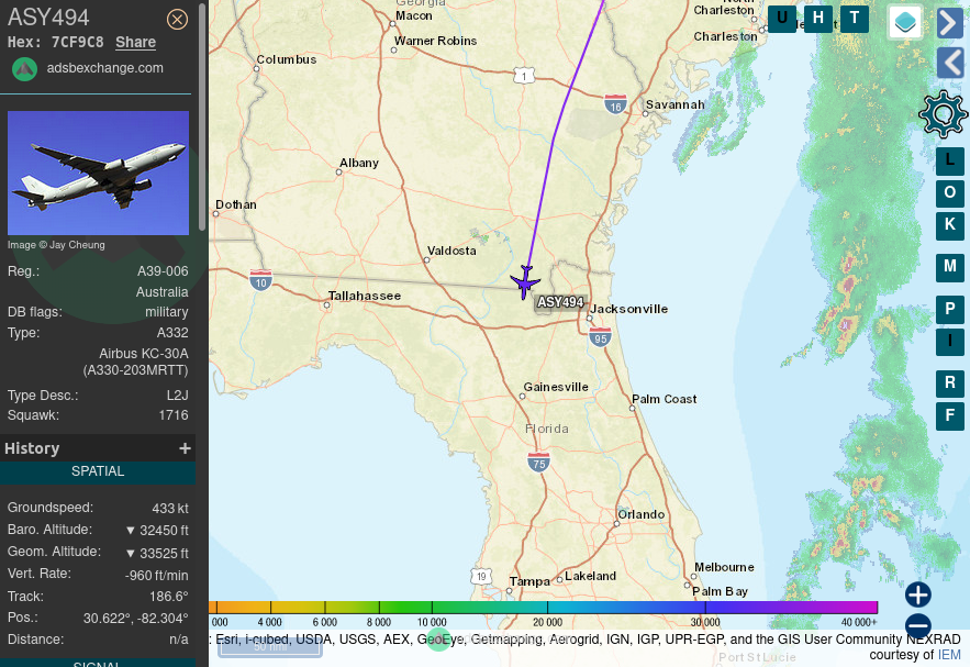 TheIntelFrog's tweet photo. Australian KC-30A #7CF9C8 as ASY494 is southbound over the Florida/Georgia line. https://t.co/TvEAYZQwac