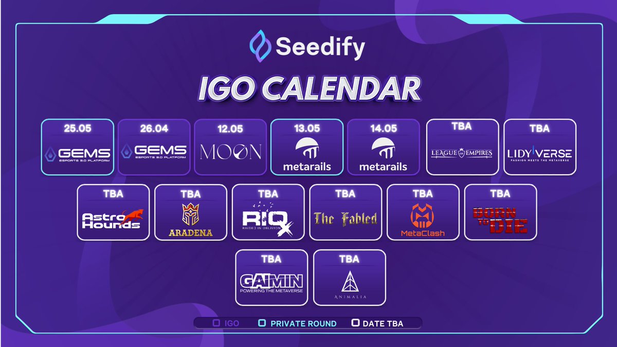 SeedifyFund's tweet photo. 🎮Apr.25 &amp; 26 @gemsgg_official 
🎮May 12 @MoonMetaverse_ 
🎮May 13 &amp; 14 @metarails 
🎮TBA @lidyverse 
🎮TBA @LeagueofEmpires 
🎮TBA @AstroHounds 
🎮TBA @AradenaWarrior 
🎮TBA @SurvivalRIO 
🎮TBA @GaiminIo 
🎮TBA @BornToDieGame 
🎮TBA @MetaClashOnline 
🎮TBA @Animalia_token 

🚀 https://t.co/xEIO2TaNHL