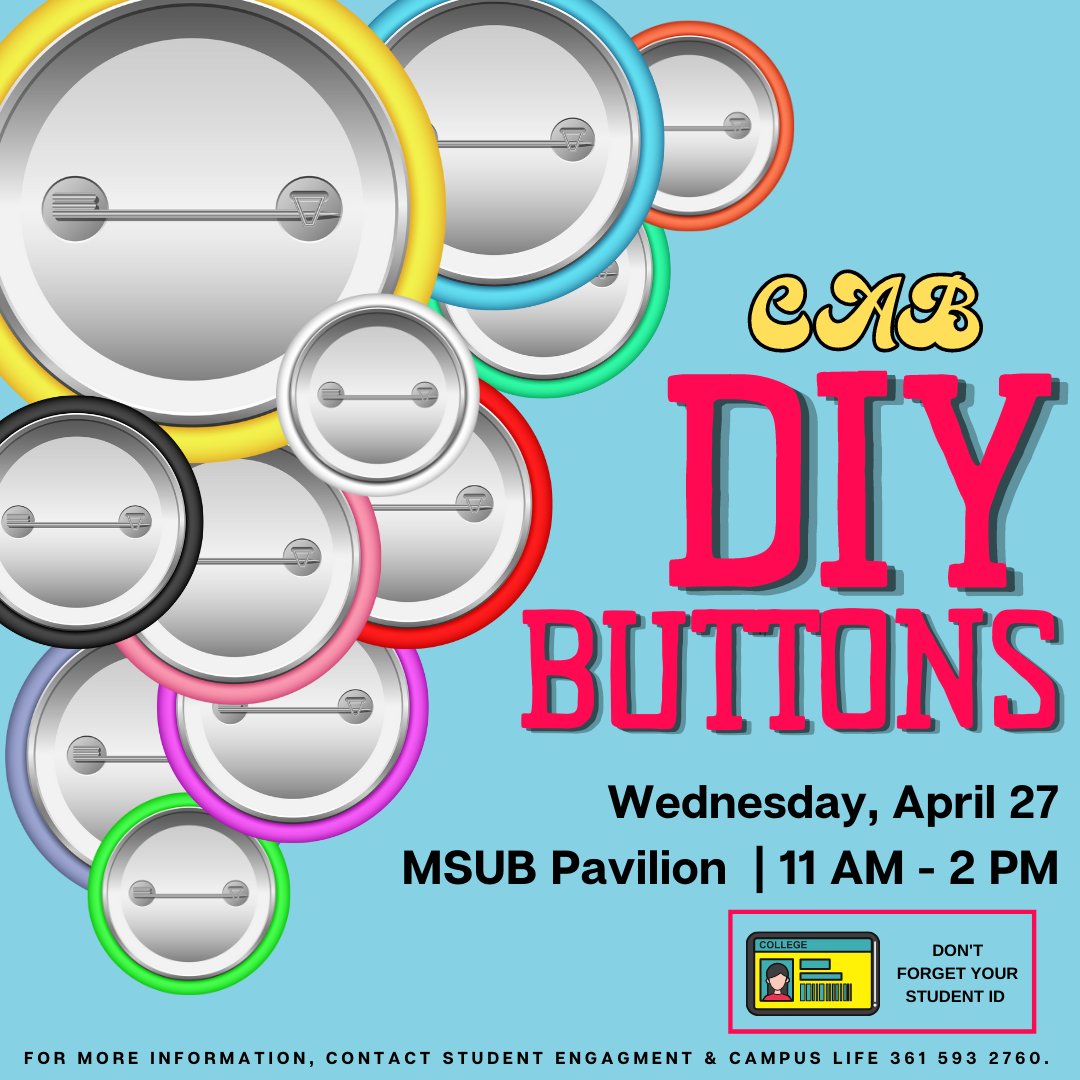 Stop by MSUB Pavilion on Wednesday, April 27 from 11 A.M. - 2 P.M. to claim a button with your own customized design! Don't forget your student ID.💛🐗💙
