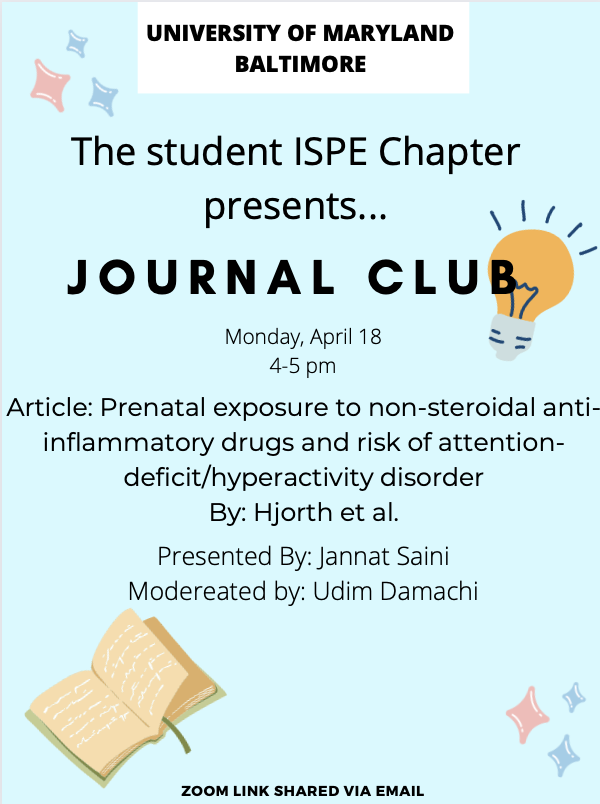 ISPE_UMB's tweet photo. The UMB ISPE student chapter would like to announce our upcoming journal club Today, Monday, 4/18 at 4p EST via Zoom. Please join us for an interactive journal club! https://t.co/TqCmGnhXY5