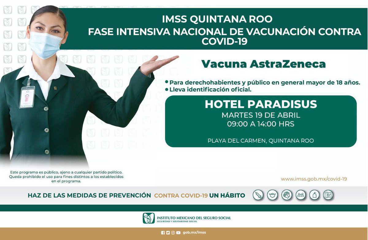 Amigas y amigos que trabajan en el sector turístico en #Cancún y #Solidaridad: A partir de este lunes 18 de abril el <a href="/IMSS_QRoo/">IMSS Quintana Roo</a> tendrá activos en algunos hoteles módulos de vacunación contra COVID-19. Se los comparto. <a href="/SESA_QROO/">SESA Quintana Roo</a>
