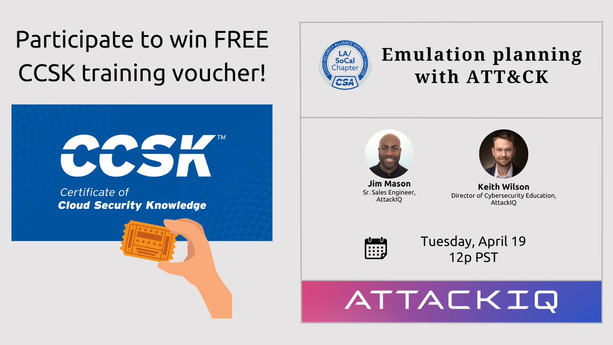 Cloud Security Alliance, SoCal Chapter (@csasocal) on Twitter photo Participate to win <a href="/cloudsa/">CloudSecurityAlliance</a> CCSK training vouchers!
CCSK certification increases employment opportunities by filling the skills-gap for cloud-certified professionals.
Sign up: lnkd.in/gy3gMBch Participate to win <a href="/cloudsa/">CloudSecurityAlliance</a> CCSK training vouchers!
CCSK certification increases employment opportunities by filling the skills-gap for cloud-certified professionals.
Sign up: lnkd.in/gy3gMBch