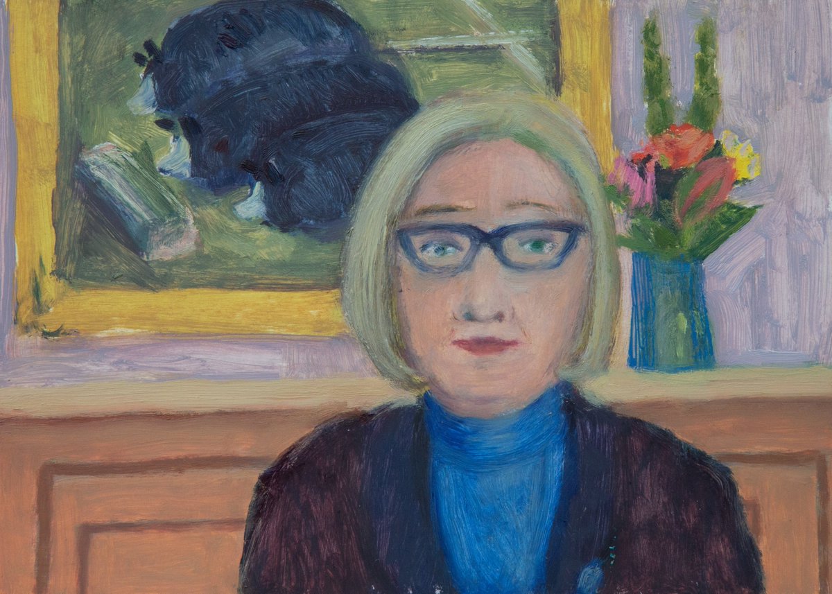 mwilliamsonart's tweet photo. As part of my 100 Zoom Portraits project I painted Claire McCaskill, former US Senator of Missouri. It took me awhile to work it out, but she is in front of an early American painting of very large hogs at a trough behind her! Subtle comment on the politics of DC? @clairecmc https://t.co/8u9kxxznU1