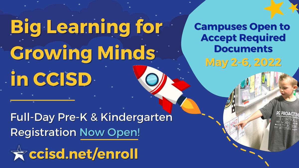ClearCreekISD's tweet photo. Pre-K &amp; Kindergarten enrollment for next school year has officially launched!🚀CCISD offers free, full-day Pre-K for those who qualify and tuition-based programs for residents. Campuses will be open May 2-6 to accept required documentation. Learn more: https://t.co/N4ebUWGZgD https://t.co/qj57iBXbkC