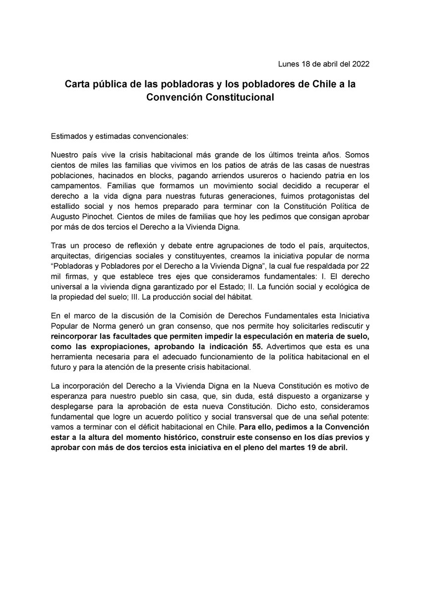 arquitectxschd's tweet photo. Respaldamos y suscribimos esta carta de las Pobladoras y Pobladores a la Convención Constitucional @convencioncl para que mañana voten favorablemente la consagración del derecho a la #ViviendaDigna, la #Ciudad democrática y el #Territorio sustentable 🏘️🏬‼️
@PrensaConvenci1 https://t.co/otWAeIexP9