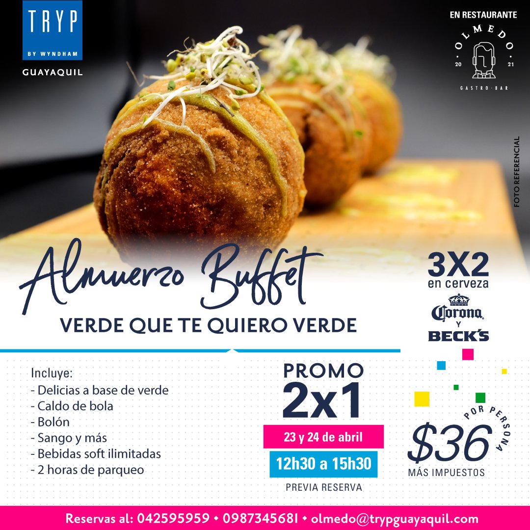 Este sábado 23 y domingo 24 de abril te esperamos en nuestro Almuerzo Buffet especial con muchas delicias a base de verde. 🍛💙
Realiza tu reserva:
 📞 042595959
 📲 0987345681
 📩 olmedo@trypguayaquil.com

#trypbywyndhamguayaquil #ecuador #guayaquil #almuerzo #buffet #lunch