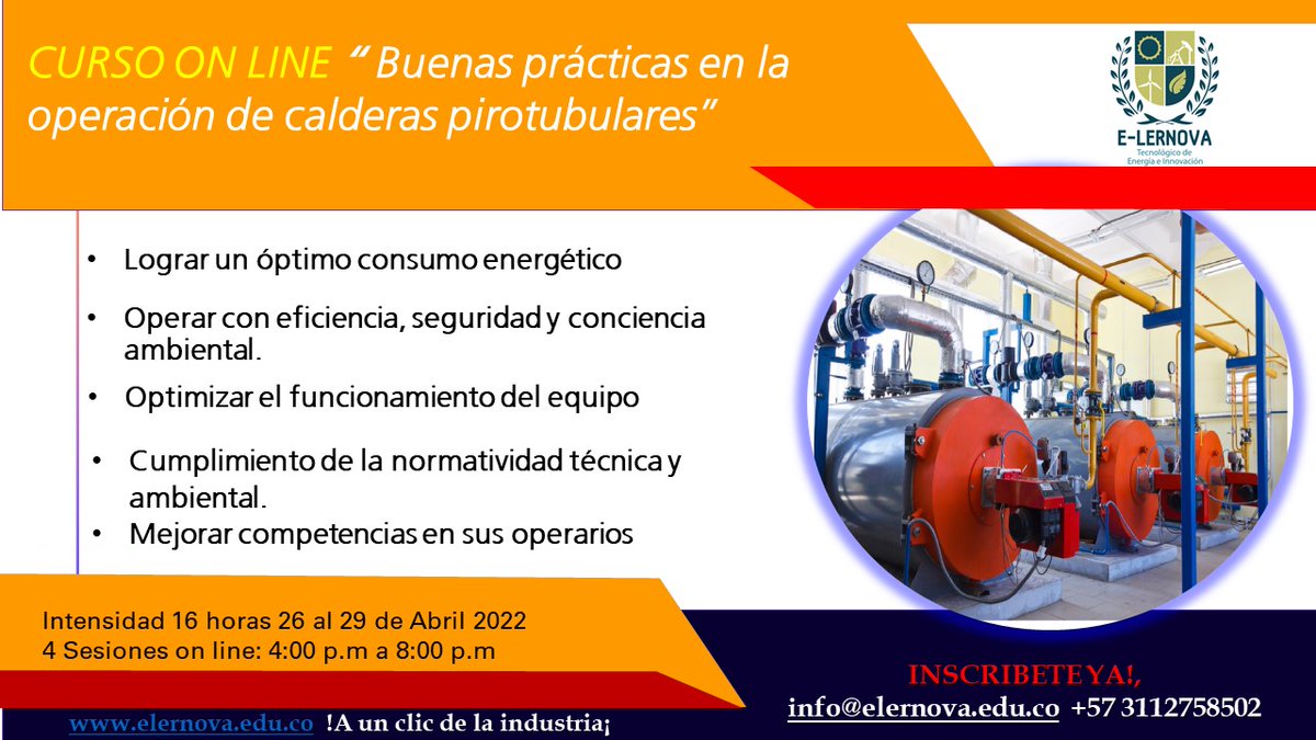 elernova's tweet photo. Las calderas pirotubulares son equipos claves en el proceso de transformación de los productos, deben cumplir con parametros ambientales y técnicos  Inscríbete: https://t.co/7CwcdInO5a 
#oil #industriaalimenticia #ingenioazucarero #vapor #alimentos #hidrocarburos #petroleo https://t.co/pp6C7V6i2N