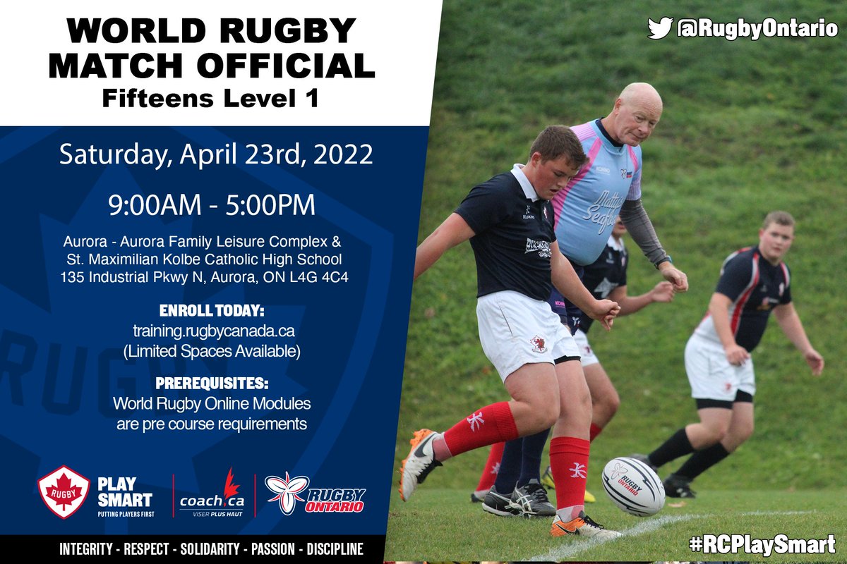 RugbyOntario's tweet photo. Rugby Ontario is looking for registrations for two upcoming Level 1 Match Official courses in Aurora (April 23rd) &amp; Oakville (May 1st). 

The deadline to apply for the Aurora course is Thursday, April 21st. Click the link below to register!

REGISTER: https://t.co/OJMGZB8Vmm https://t.co/BETmf8hqf9