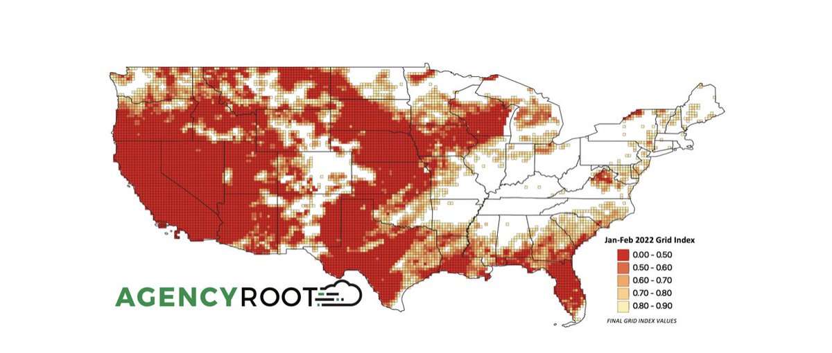 DonnaByrum1's tweet photo. Final Jan-Feb 2022 Interval map is below showing areas triggering payment.
Darkest areas = $ at all coverage levels.
Lightest areas = $ at 90% coverage only.
White areas = no $                                        Thx to #AgencyRoot for helping us track data for our growers! https://t.co/f4EJIjmXXR