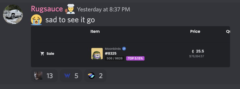 ⏰ RM Mondays ⏰

~$70k profit overnight on this Moonbirds mint. No big deal. If you're not using our NFT section, what are you doing? Join our waitlist in bio so you can stop sleeping.

👉 $50 in ETH or a free spot to a random like or RT. Ends in 24h, must be following.