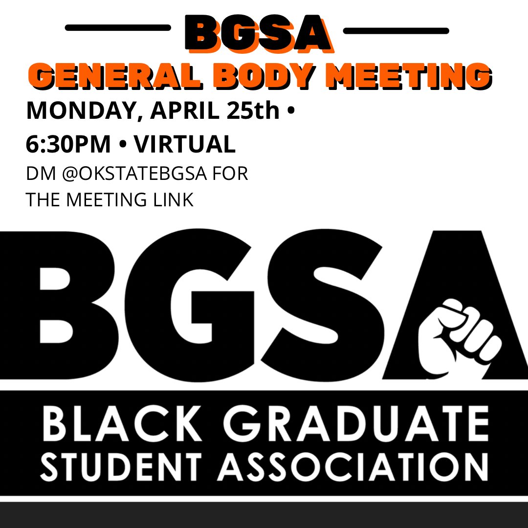 Join the BGSA on APRIL 25th at 6:30 PM for our general body meeting! 

EXECUTIVE BOARD ELECTIONS WILL ALSO TAKE PLACE DURING THE APRIL 25th, 2022 GENERAL BODY MEETING!