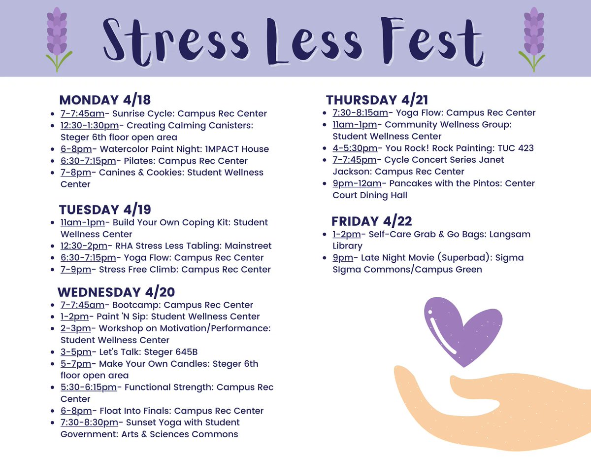 UC_CAPS's tweet photo. It is Stress Less Fest, Bearcats! Join us this week for a bunch of fun and relaxing activities every day! There will be yoga, group sessions, and fun activities! Pick an activity and destress with us! See you there! #uccaps #StressLessFest https://t.co/LYVAPjLV8m