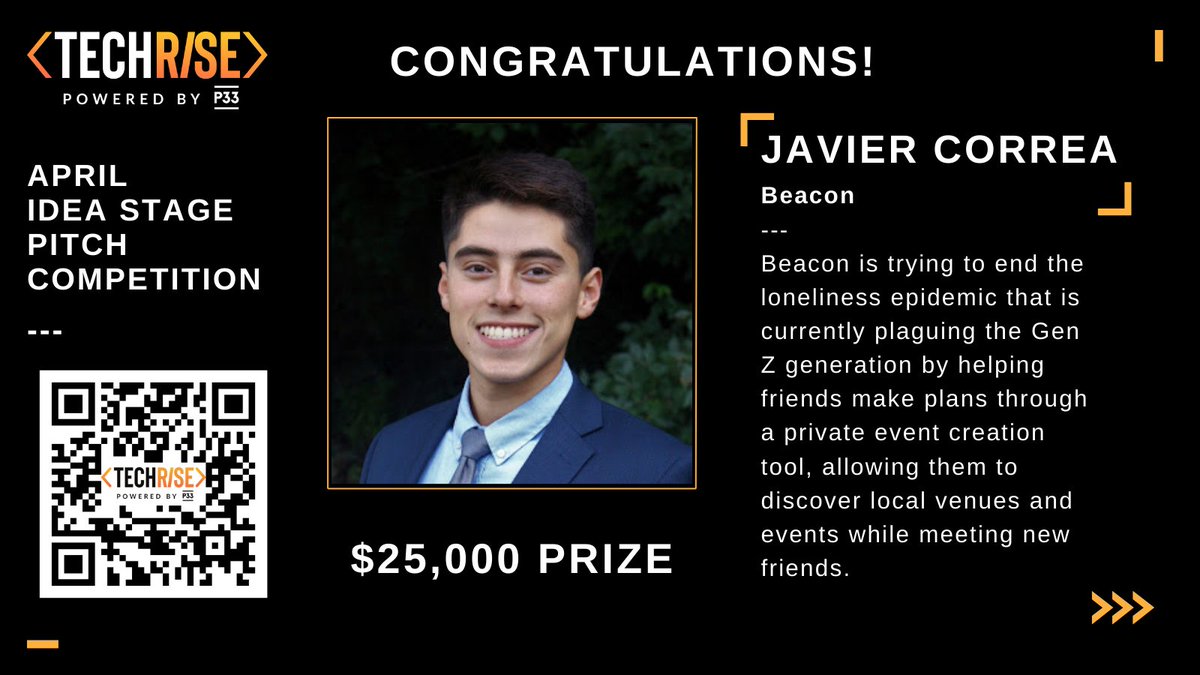 TechRiseChi's tweet photo. Well done to @Javier_Correa__ of @sendbeacon, our 4/15 Idea Stage TechRise winner! He takes home $25,000 for his incredible pitch.

Thank you again to all of our competitors! Relive the competition here: https://t.co/NLr3GYEahu

#Chicago #startup #entrepreneurs https://t.co/eoPKPQkmyf