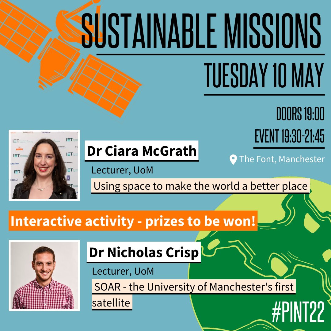 💫Can space be Green?♻️

🛰️Did you know Manchester's launched its first satellite? 🌌
 And scientists are using space to improve life on Earth?🌏

✨Grab a pint and find out more on 10th May <a href="/TheFontMCR/">The Font, MCR</a> with
<a href="/ciara_mcgrathx/">Ciara McGrath</a> &amp; <a href="/CrispyNick/">Nick Crisp</a> 🍺

🎟️🎟️pintofscience.co.uk/event/sustaina…  
#pint22