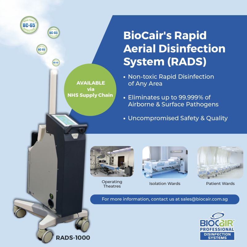 Sanital Medical are proud to announce that BioCair's Rapid Aerial Disinfection System (RADS), is now available on the NHS Supply Chain Environmental Decontamination Framework in Lot 1.
#aerialdisinfection #airdisinfection #airborneviruses #airbornetransmission #NHSSupplyChain