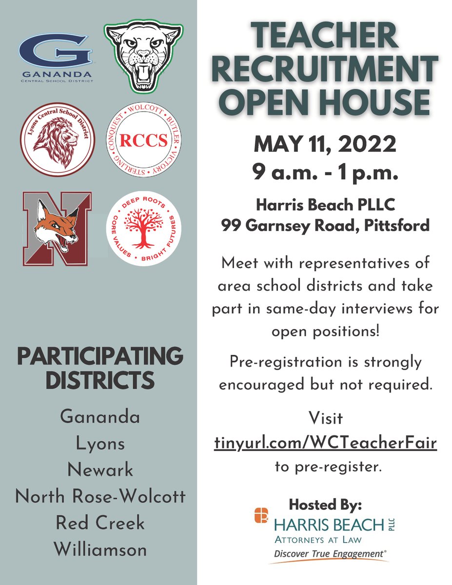 Come join us on May 11th, 2022 for our Teacher Recruitment Open House! 

🔽 Check out the photo below for more information 🔽

Pre-registration is strongly encouraged but not required.

Visit tinyurl.com/WCTeacherFair to pre-register.

Thank you!