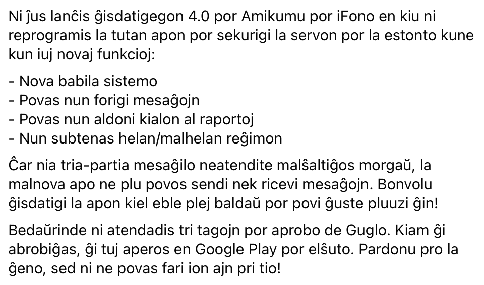 Amikumu_eo's tweet photo. Ĝisdatigego de Amikumu ĵus aperis ĉe iFono... baldaŭ ĉe Google Play post kiam ili aprobas ĝin. Legu pli detale en la bildo! <3 https://t.co/YiT6HCv0aw