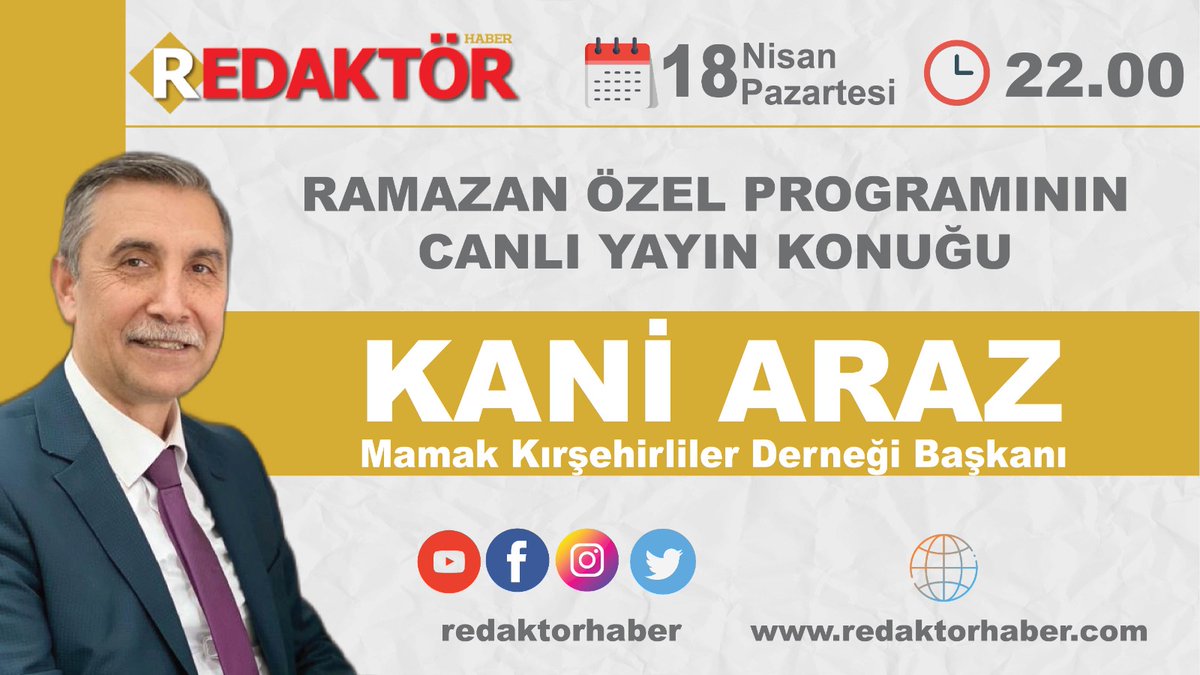 Başkanımız <a href="/Kaniaraz1/">Kani Araz</a> Redaktor TV Ramazan Özel programında olacaktır.Hemserilerimizin sorunlarını anlatacak sorulara cevap verecek 
<a href="/Ugursari4040/">Uğur SARI</a> 
<a href="/MuratAl14180505/">Murat Altınışık</a> 
<a href="/MuratKoseMamak/">Murat Köse 🇹🇷 🦩🚀🏹</a> 
@SeyhanArpa