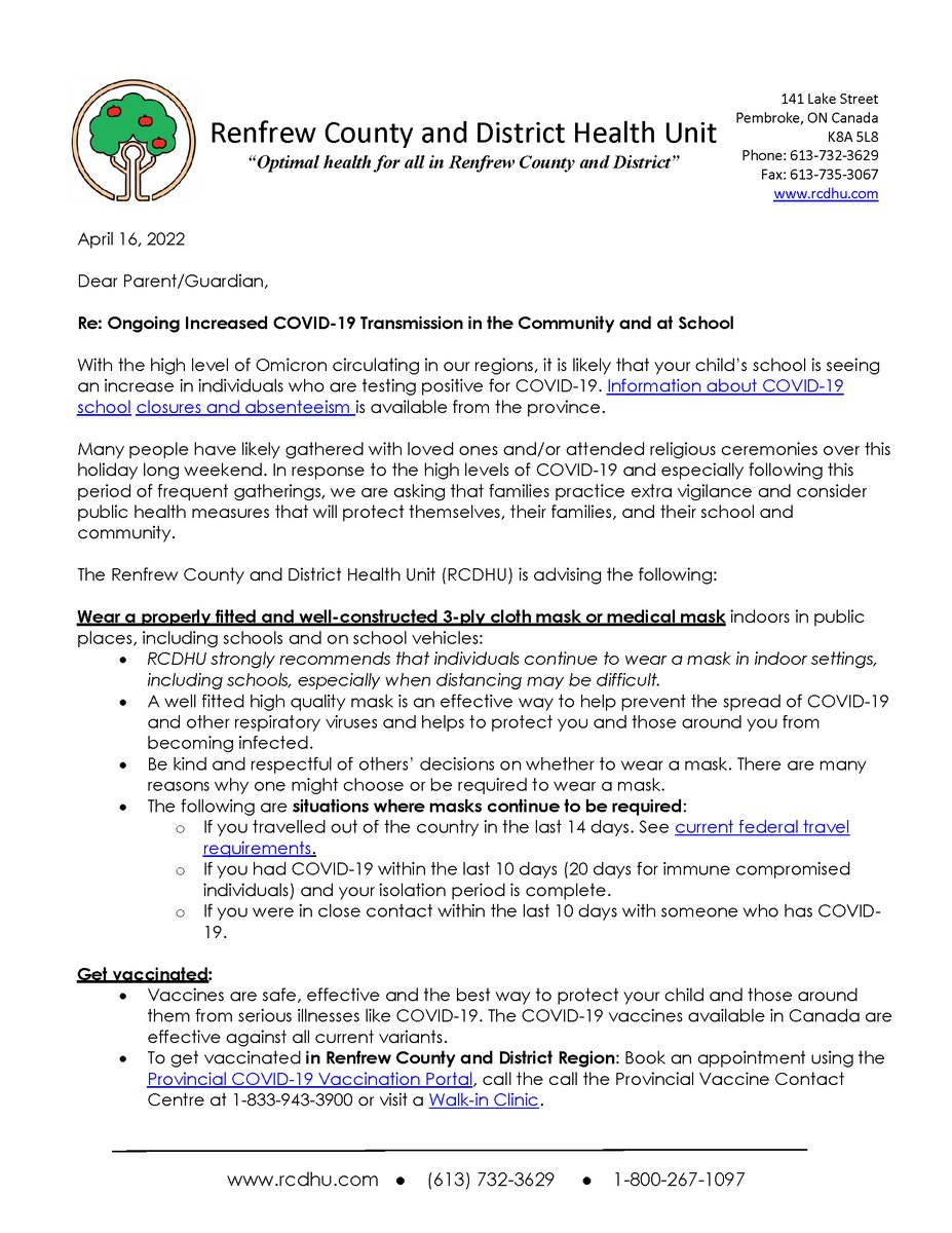RCCDSB's tweet photo. Please see the following letter regarding the ongoing increased transmission of COVID-19 in schools. https://t.co/wh5T7OFCHt