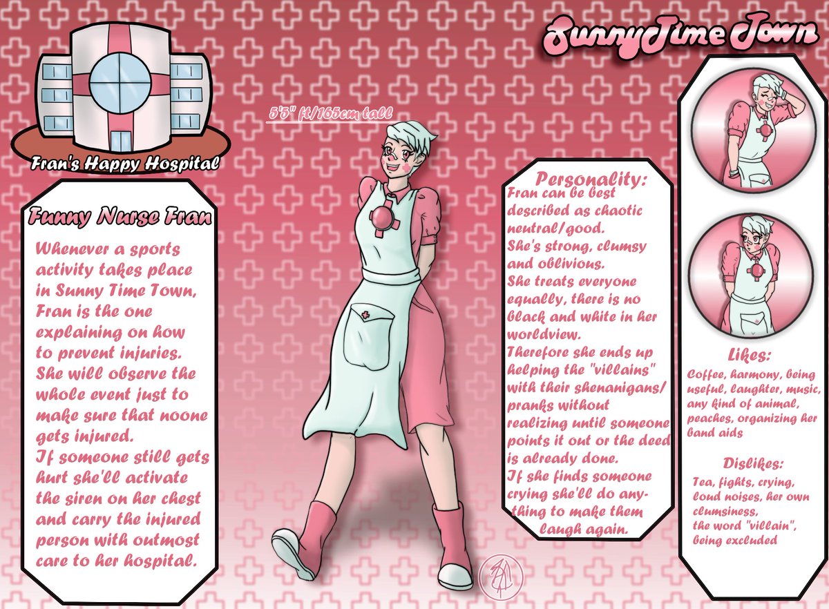 GaarasAngel3's tweet photo. This took way longer than it should have but she's finally finished.
Meet Funny Nurse Fran, a kindhearted person, possibly too kindhearted for her own good. 😅
Reference sheet by @artz_dreamy
#sunnytimetown #sunnytimetownoc #sttoc #sunnydayjackoc #sdjoc #sunnydayjackau https://t.co/SHyuNCXwYF