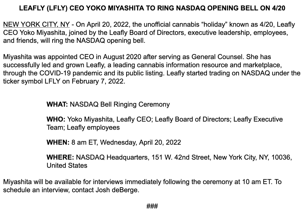 tomangell's tweet photo. .@Leafly's CEO will ring the NASDAQ opening bell on 4/20, because…why not? https://t.co/EuRgZq2uu8