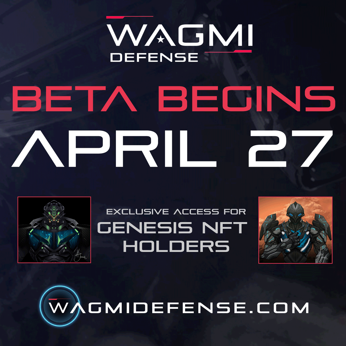 NiFeWARS's tweet photo. #WAGMIDefense BETA officially opens April 27!

For those of you who own a #WAGMI Genesis NFT, you will get access to the game,

PLUS, we are also launching our in-game marketplace!

You will help us shape WAGMI Defense into the #1 #CryptoGame in #GameFi!

https://t.co/wvZB8zcTZC https://t.co/HHny7JrfTp