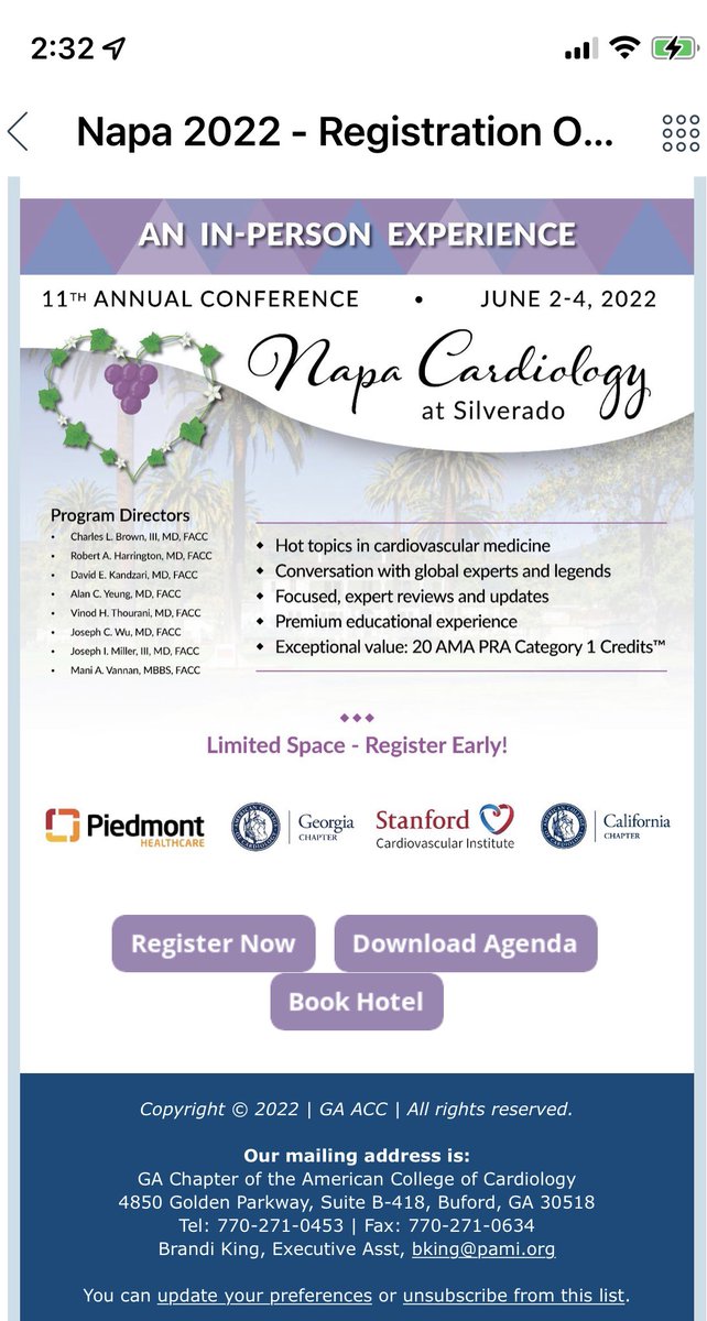 Top-notch update in CV medicine: Napa Cardiology 2022. Outstanding educational experience: national experts, unique interactive presentations on hot topics, exceptional value for money. Remarkable networking opportunity. Few spaces left. Register now. accga.123signup.com/event/registra…