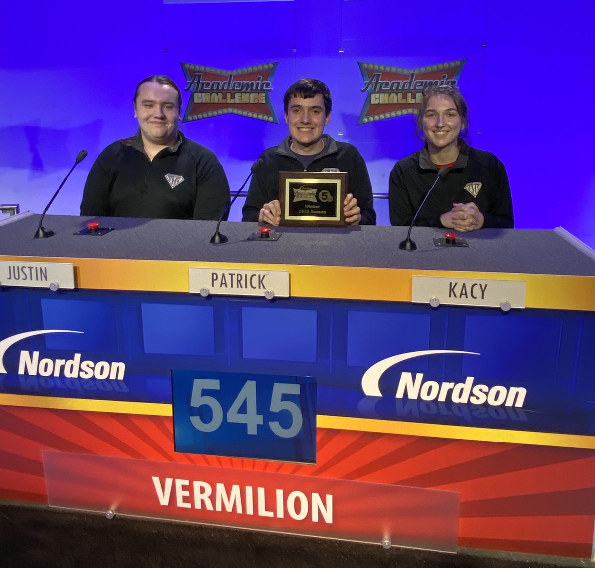 The VHS Academic Challenge team were the winners April 16 on Channel 5's Academic Challenge. The VHS team of Kacy Cox, Justin Zielske, and Patrick Anders beat teams from Orrville and Jefferson Area high schools with a finale score of 545 points!  <a href="/jbengele/">Jennifer Bengele</a> <a href="/TheSailorNation/">Vermilion Athletics</a>