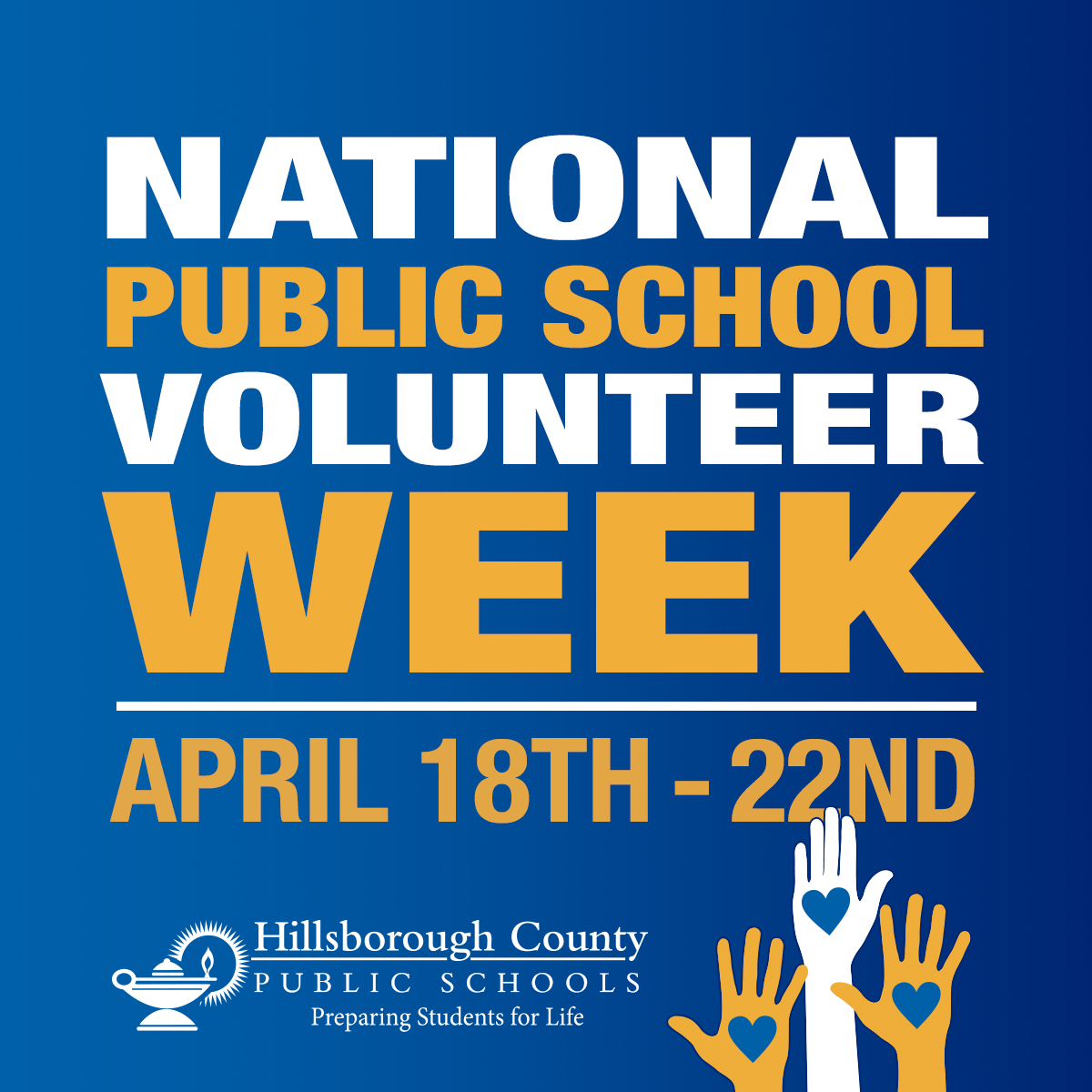 HillsboroughSch's tweet photo. DYK it's Volunteer Appreciation Week! 
In HCPS, we recognize &amp; celebrate the "time, talents, &amp; treasures" of individuals, organizations, &amp; innovative school practices that have made a positive difference in students' lives throughout the district.  #YES2HCPS
@HCPS_FACE https://t.co/TqrsIoaRIm