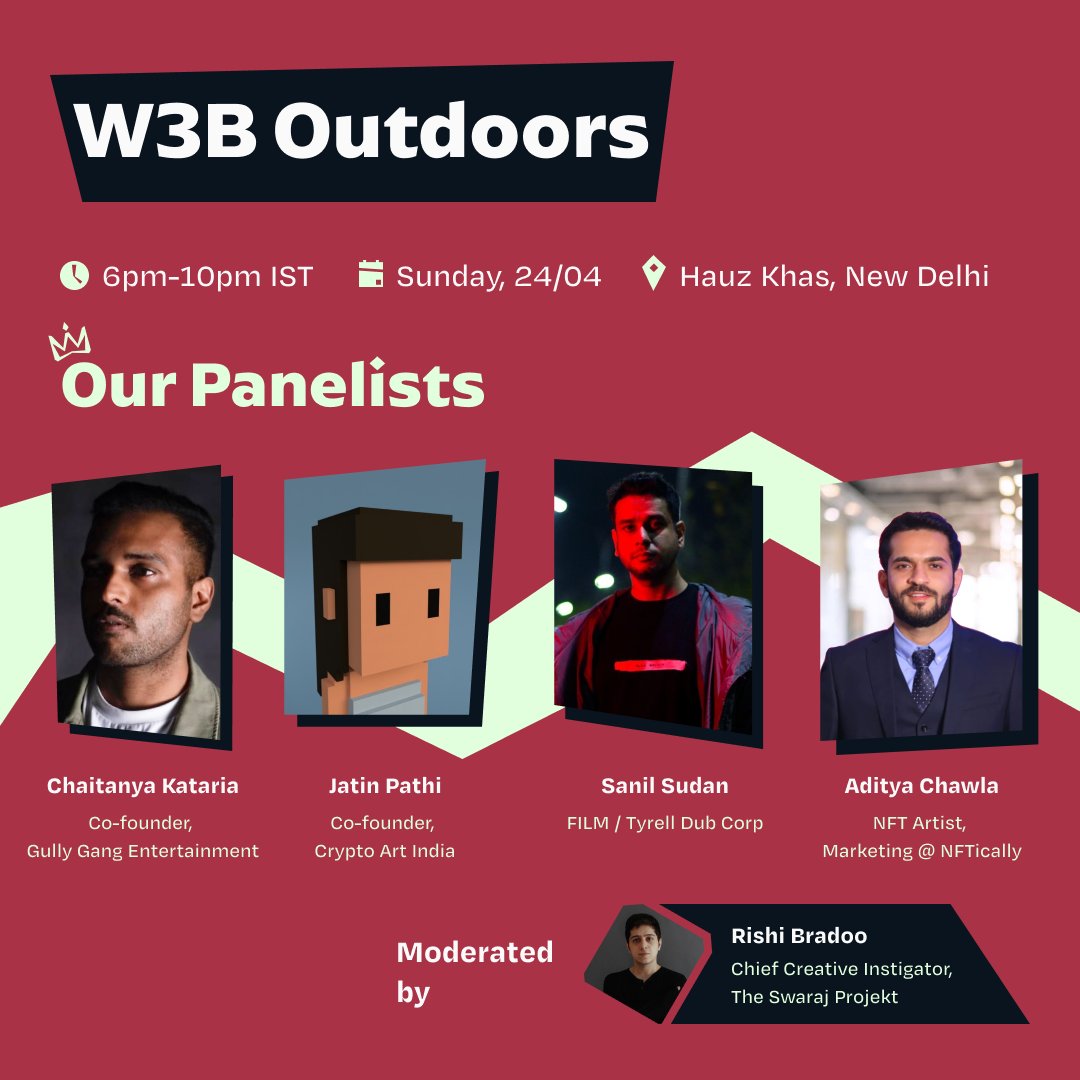 For the Delhi edition of W3B Outdoors, we're hosting an eminent panel of guests across various art forms. Moderated by @rishibradoo, we will be joined by @ckataria_ (@gullygangindia), @rageofpotato (Crypto Art India), @filmbeatzzz and @boltminor (@NFTICALLY). Event link below 🔗