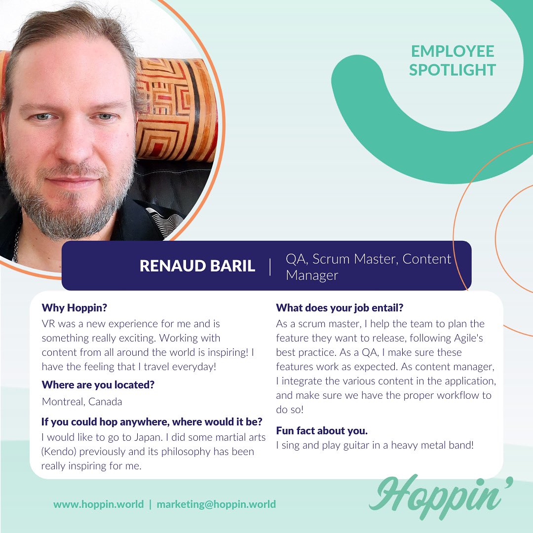 #MeetTheTeamMonday Spotlight on our Scrum Master/QA/Content Manager, Renaud Baril. Like he says, working in a startup company means some employees need to be polyvalent. He sure is versatile and a crucial member of the team! Also, how neat is it that he is in a #HeavyMetal band?