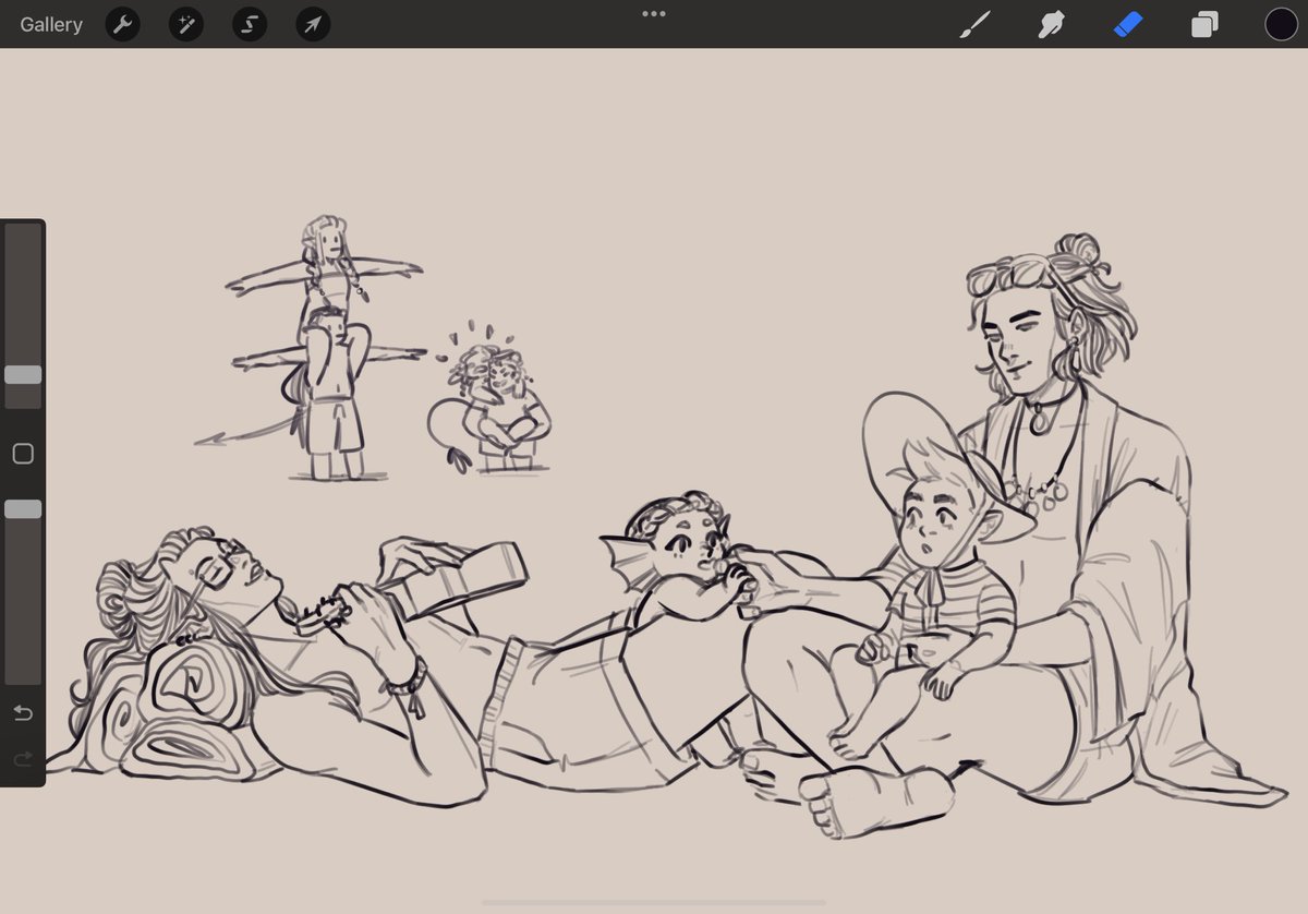 I was at the beach the other day and thought about drawing the OCs + the baby OCs at the beach,,,, 