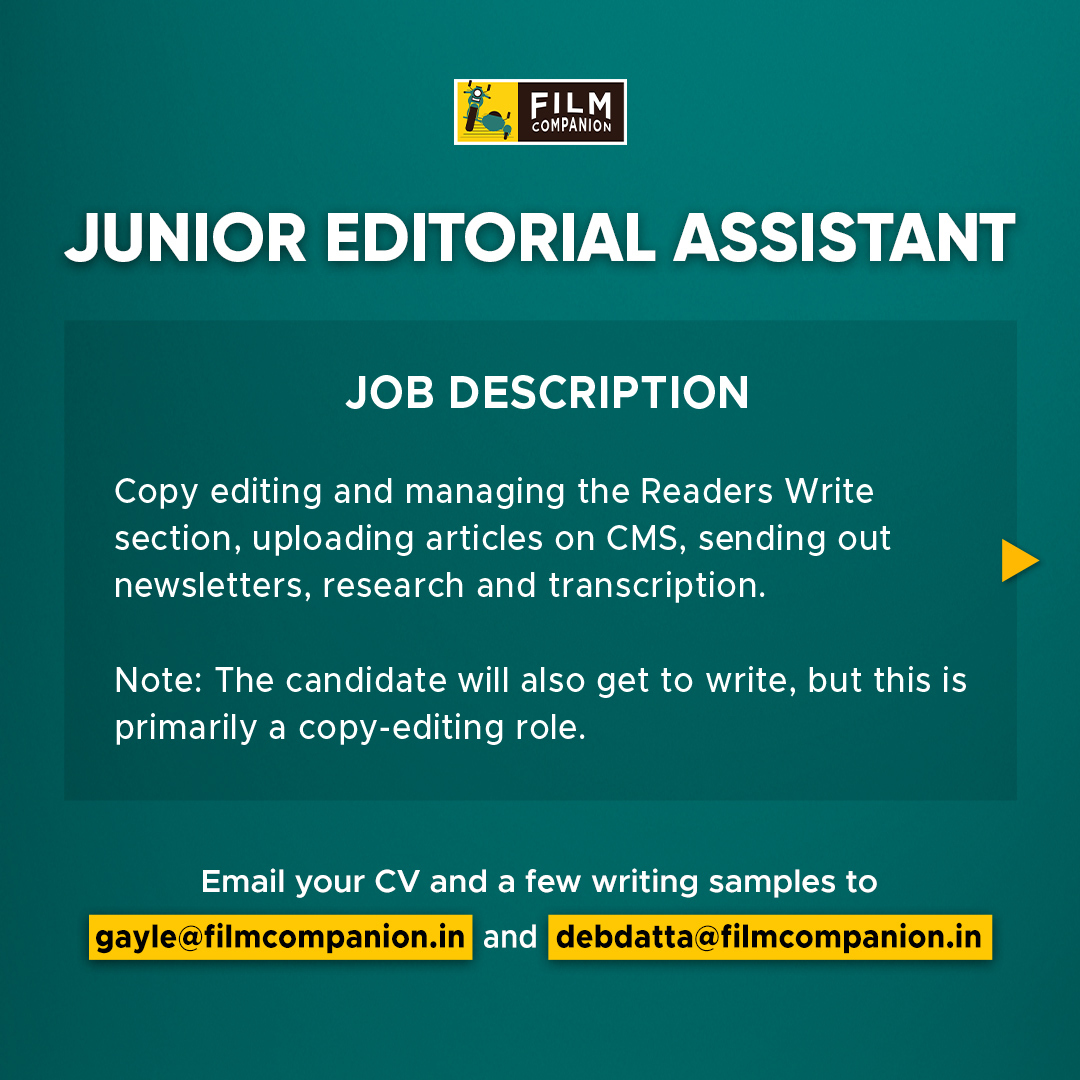 FilmCompanion's tweet photo. Attn: Film Companion is HIRING! If you think you're a good fit or know someone who is, please get in touch with us on the mentioned email ID. Swipe through for all the details. Good luck! https://t.co/u5nL4pGF5Y