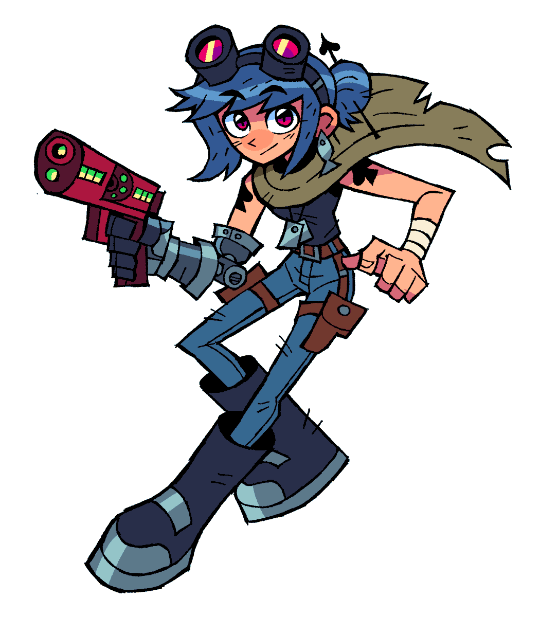 1girl solo weapon gun boots blue hair goggles  illustration images