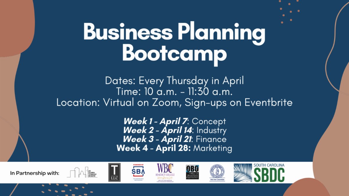 Get your business idea in shape with a 4-part Business Planning Bootcamp!

Office of Business Opportunities partners @benedictWBC, <a href="/SBAgov/">SBA</a>, @usccolainc, <a href="/SCSBDC/">SCSBDC</a>, and TutwielerDawkins LLC to help you formulate business models, tactics, and strategies! #WeAreColumbia #ColumbiaOBO