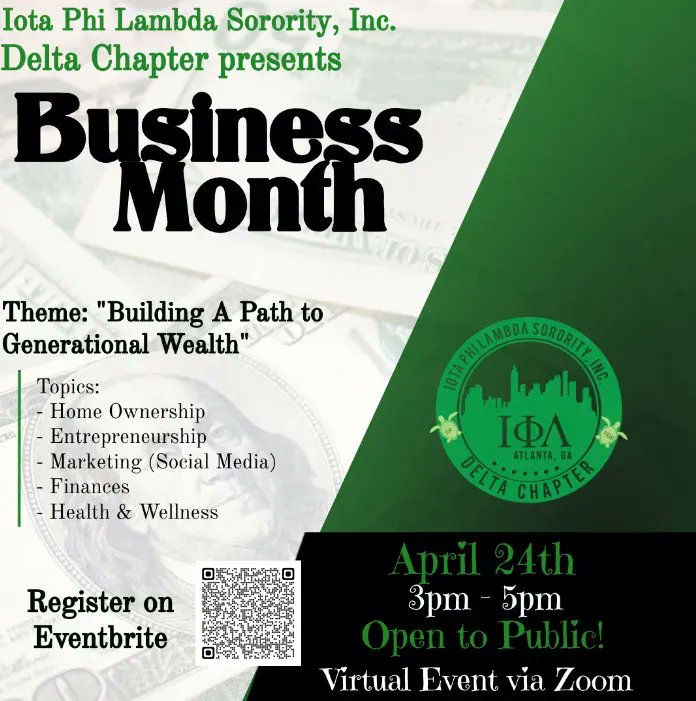 iota1929Delta's tweet image. During #BusinessMonth our goal is to emphasize and promote economic empowerment for women, entrepreneurship, and leadership development. Join the Dynamic #DeltaChapter of #IotaPhiLambdaSorority Inc. presents "Building A Path to Generational Wealth" buff.ly/3xBo17Q