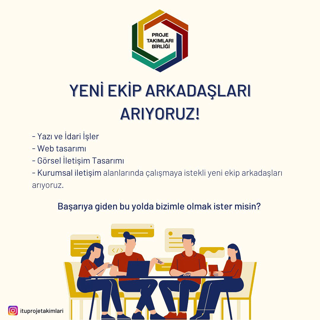 Proje takımları birliği takım arkadaşı arıyor. Yeni bir yapılanmaya giden Ptb daha sağlam ve güclü bir alt yapı hazırlığında. Gönüllülük esasıyla çıktığımız bu yolda sizleri aramızda görmekten mutluluk duyarız. Başvuru için tıkla forms.gle/XiFdwmXRp9Tvaq…