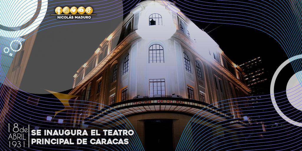 El Teatro Principal de Caracas cumple 91 años, obra arquitectónica que llena de historia, música y colorido, a nuestra hermosa ciudad capital. Saludo a sus trabajadores y trabajadoras, les reitero mi compromiso por seguir elevando al más alto nivel el arte en el país.