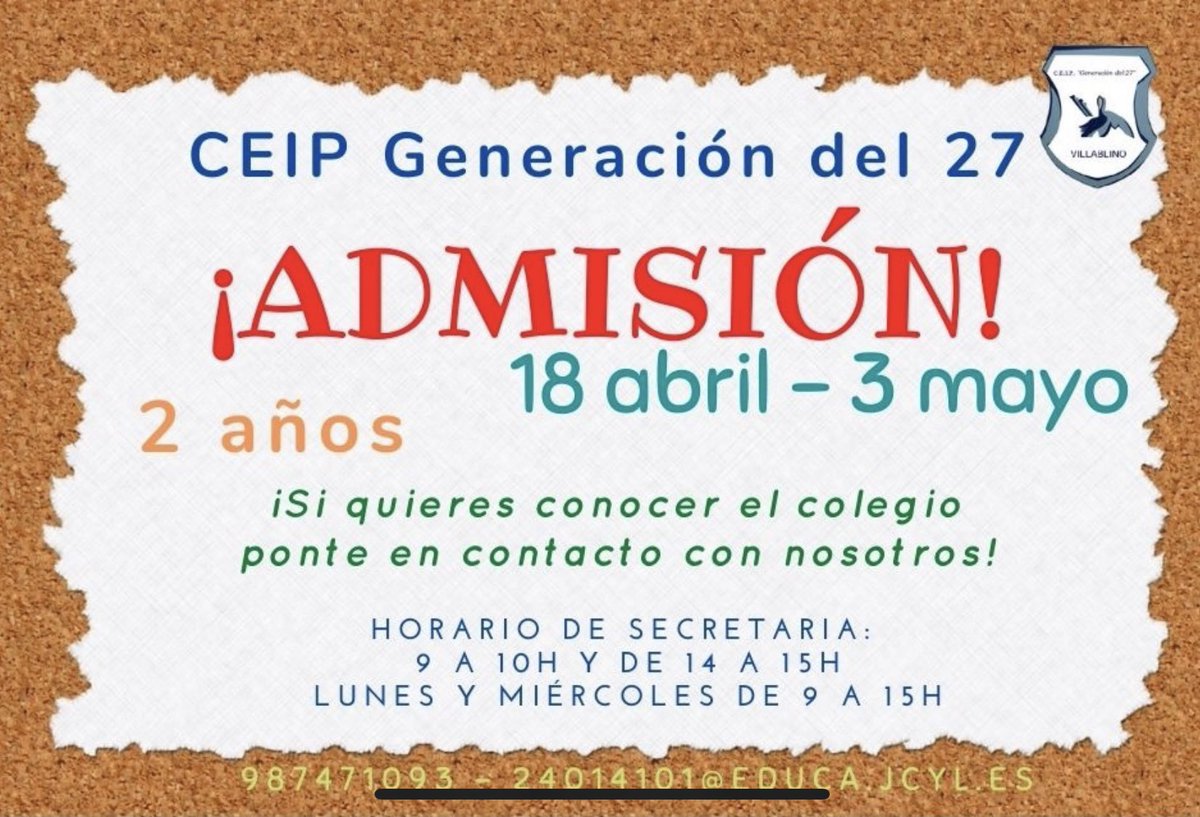 🐣ADMISION ALUMNADO 2 AÑOS 🐥 Comienza el periodo de admisión del alunado de 2 añitos. Del 18 de abril al 3 de mayo!