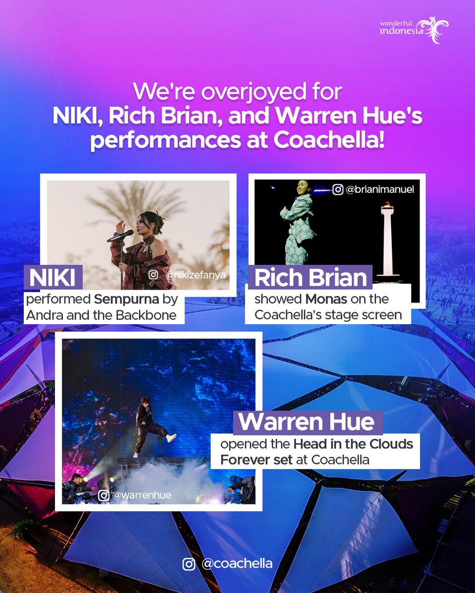 The vibe in this year's <a href="/coachella/">Coachella</a> feels strongly familiar! The Indonesian musicians, <a href="/nikizefanya/">NIKI</a>, <a href="/richbrian/">Rich Brian</a> , and <a href="/warrenhue/">warren hue</a>, were spotted performing at the main stage singing along with the crowd. 

Which of their songs is your favorite?

#WonderfulIndonesia
