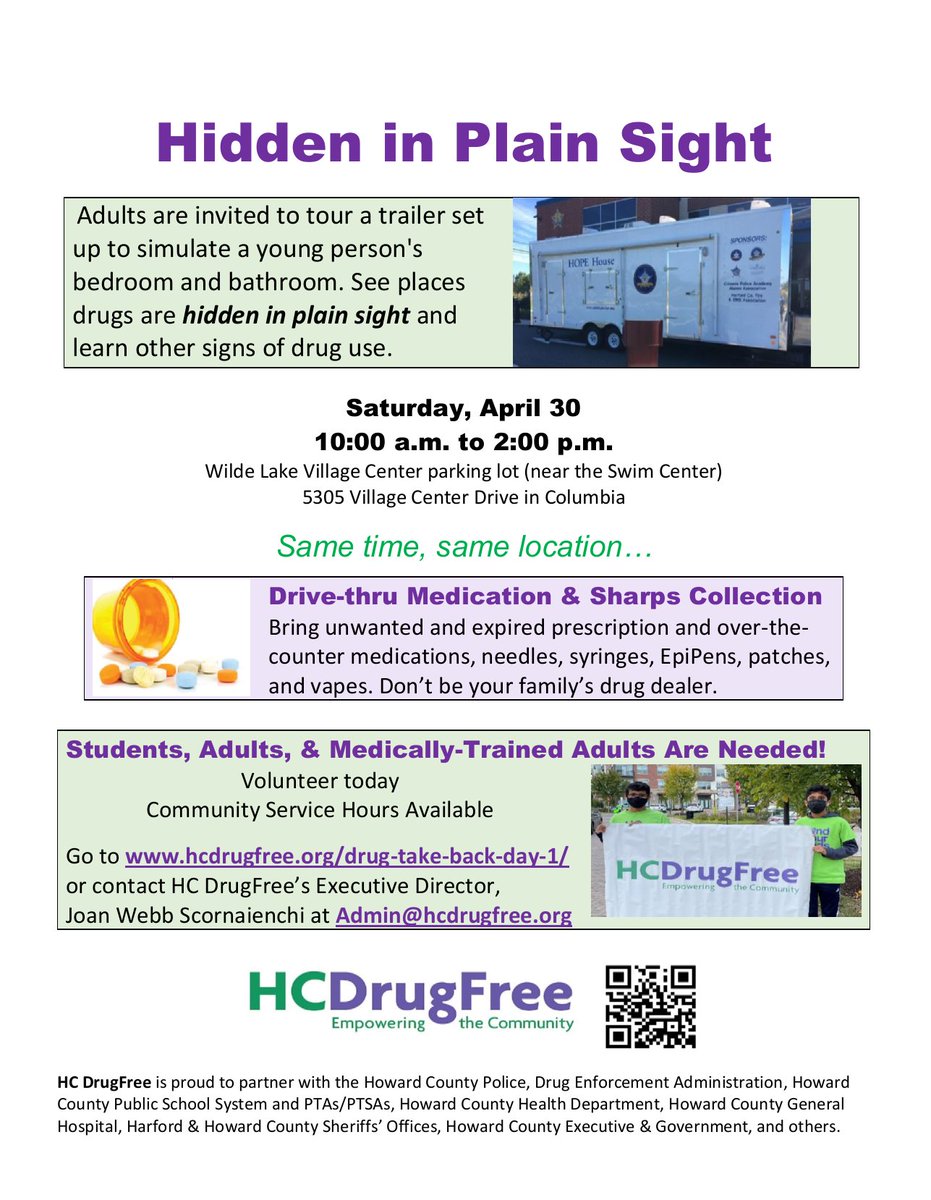 HCdrugfree's tweet image. Adults, tour a trailer simulating where drugs may be hidden in plain site in a home and learn other signs of drug use when you drop off your prescription &amp;amp; OTC meds and sharps April 30 
buff.ly/2JOUBt6 
#hocomd #drugtakebackday #drugtakeback #medicationdisposal #drivethru