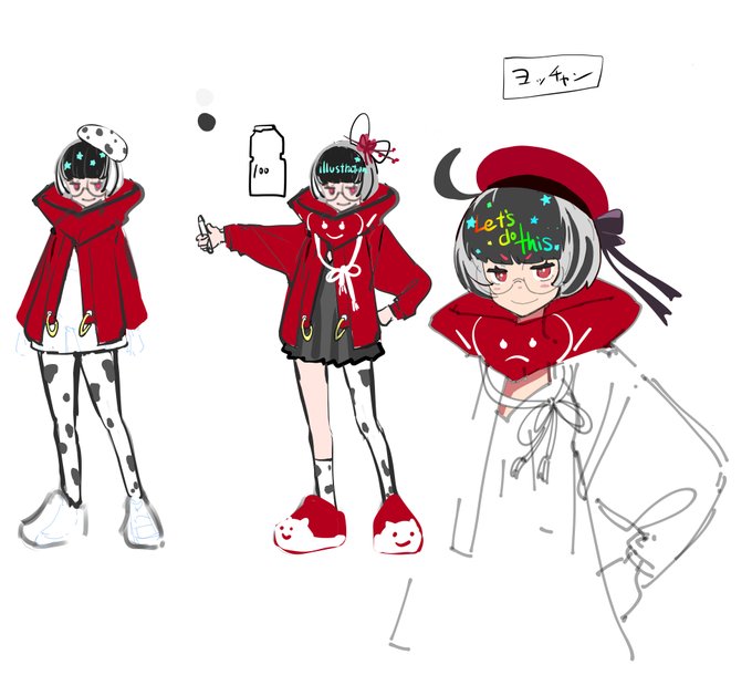 配信で描いたVのすがたキャラデザ。髪のハイライトが電光掲示板になってて状況で色々表示が変わるよ 