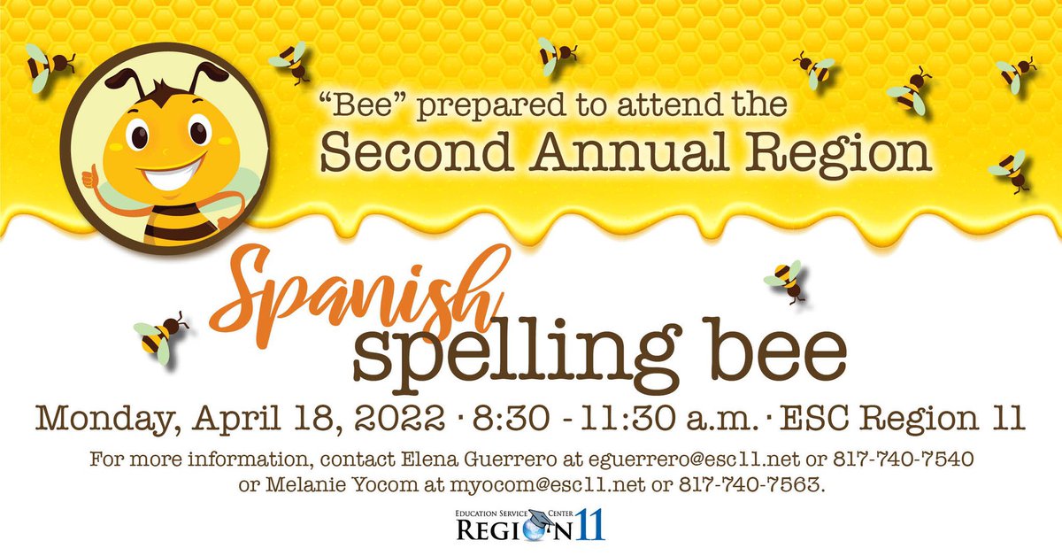 ESC11 English Learner Support (@esc11bil_esl) on Twitter photo We are ready for our little 🐝 s!! Who will be the next Region 11 Spanish Spelling Bee champion? <a href="/ESCRegion11/">ESC Region 11</a> We are ready for our little 🐝 s!! Who will be the next Region 11 Spanish Spelling Bee champion? <a href="/ESCRegion11/">ESC Region 11</a>