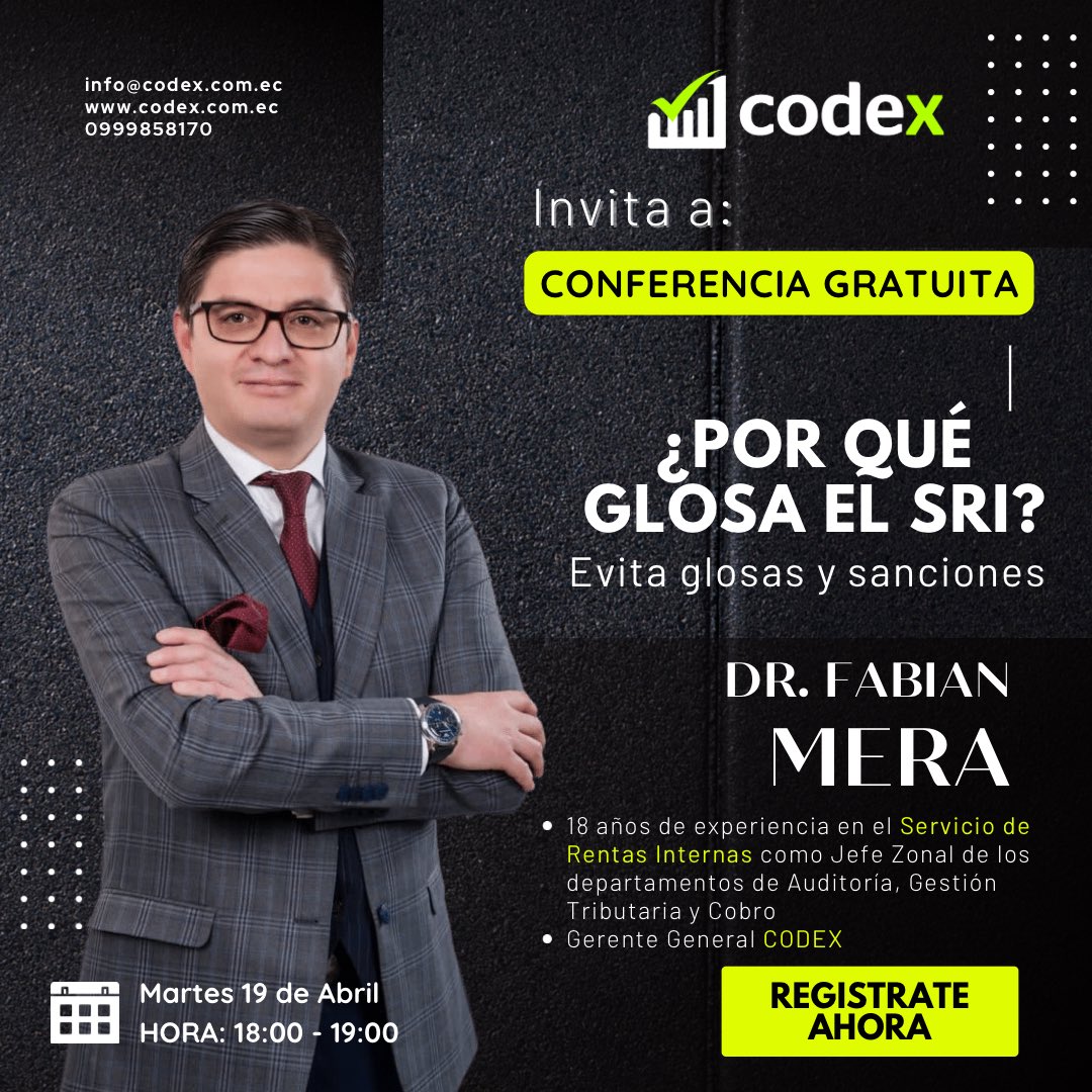 CODEX_EC's tweet photo. 🚨CONFERENCIA GRATUITA🚨
¿Quieres saber por qué glosa el SRI? 
👉🏻este evento es para ti!
¡REGÍSTRATE AHORA! 
#glosastributarias #tributacion #asesoria #asesoriatributaria #asesoriacontable #ecuador https://t.co/Dm8yWMhaqN