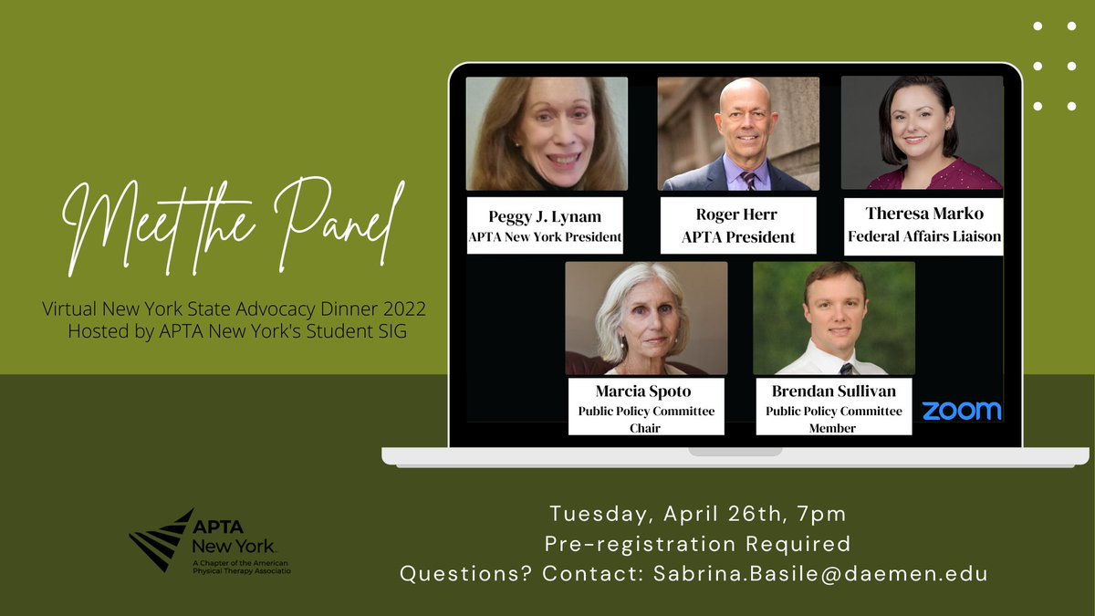 TheresaMarkoPT's tweet image. Join APTA New York&apos;s Student Special Interest Group virtually on Tuesday April 26th, 2022 for our annual Advocacy Dinner &amp;amp; Panel Discussion with Advocacy Leaders! Find out how you can get involved! 🗣️

#PTadvocacy

aptany.org/events/EventDe…

@aptany
@NYPTASSIG