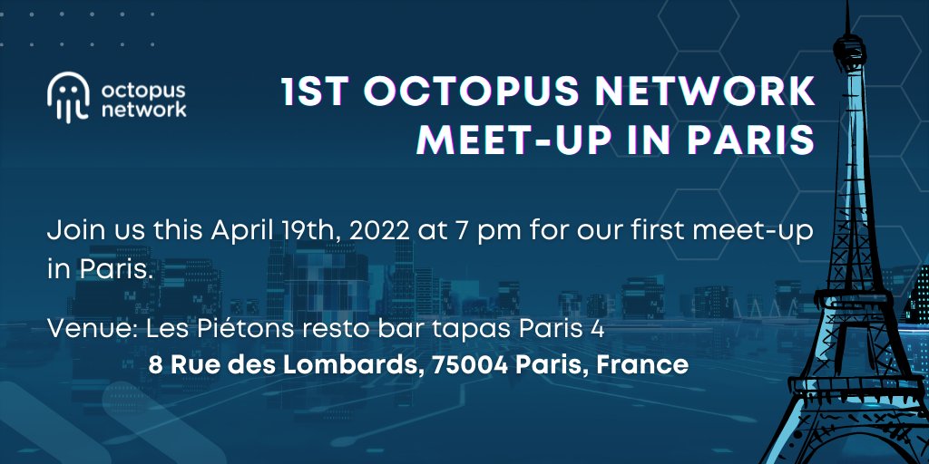 OmnityNetwork's tweet photo. Hello $OCT community 🇫🇷!

We are so excited to announce our first #OctopusNetwork Meet-up in #Paris! Join us to learn more about our ecosystem and how you can get involved!

📅 April 19th, 2022 // 7pm
📍Les Piétons resto bar tapas Paris 4

RSVP here: 
https://t.co/J3d1wm89U1 https://t.co/gmVXRnDSGm