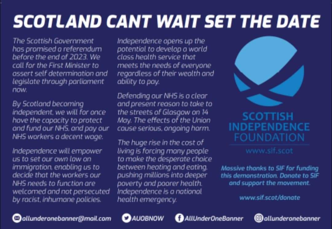 FLYER &amp; POSTER STALL- for the March for Independence- Defend our NHS 🏴󠁧󠁢󠁳󠁣󠁴󠁿
#AUOBGlasgow

facebook.com/events/s/flyer…

SATURDAY, 23 APRIL : 1 - 3pm
Buchanan Steps, Glasgow

Join us this Saturday to collect and/or hand out flyers &amp; posters which promote the March at Glasgow on 14 May. (1)