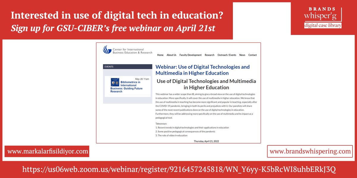 Interested in use of digital tech in education? Sign up for GSU-CIBER’s free webinar on April 21st - us06web.zoom.us/webinar/regist… - #brandswhispering #elizi #eliziuk #markalarfısıldıyor #GSU #GSUCIBER | @GSU_CIBER @GeorgiaStateU @TracyPoelzer @KW_Research @NukhetVardar @univgroningen